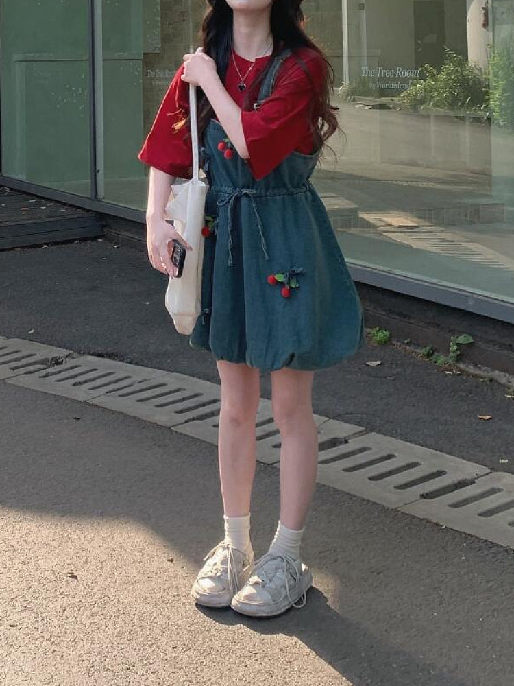 Cherry Pop Princess Oversize Tee & Denim Dress Set-ntbhshop