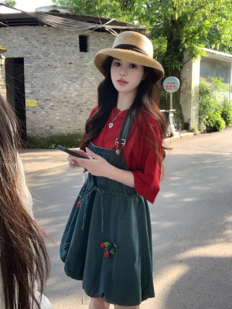 Cherry Pop Princess Oversize Tee & Denim Dress Set-ntbhshop