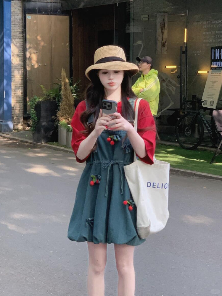 Cherry Pop Princess Oversize Tee & Denim Dress Set-ntbhshop