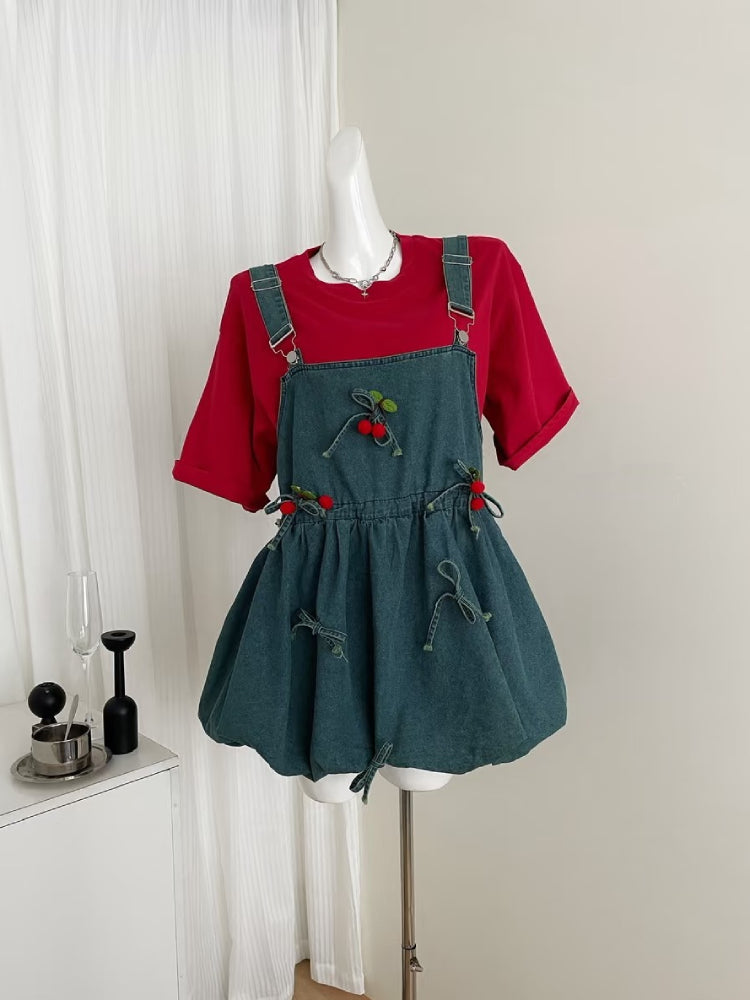 Cherry Pop Princess Oversize Tee & Denim Dress Set-ntbhshop