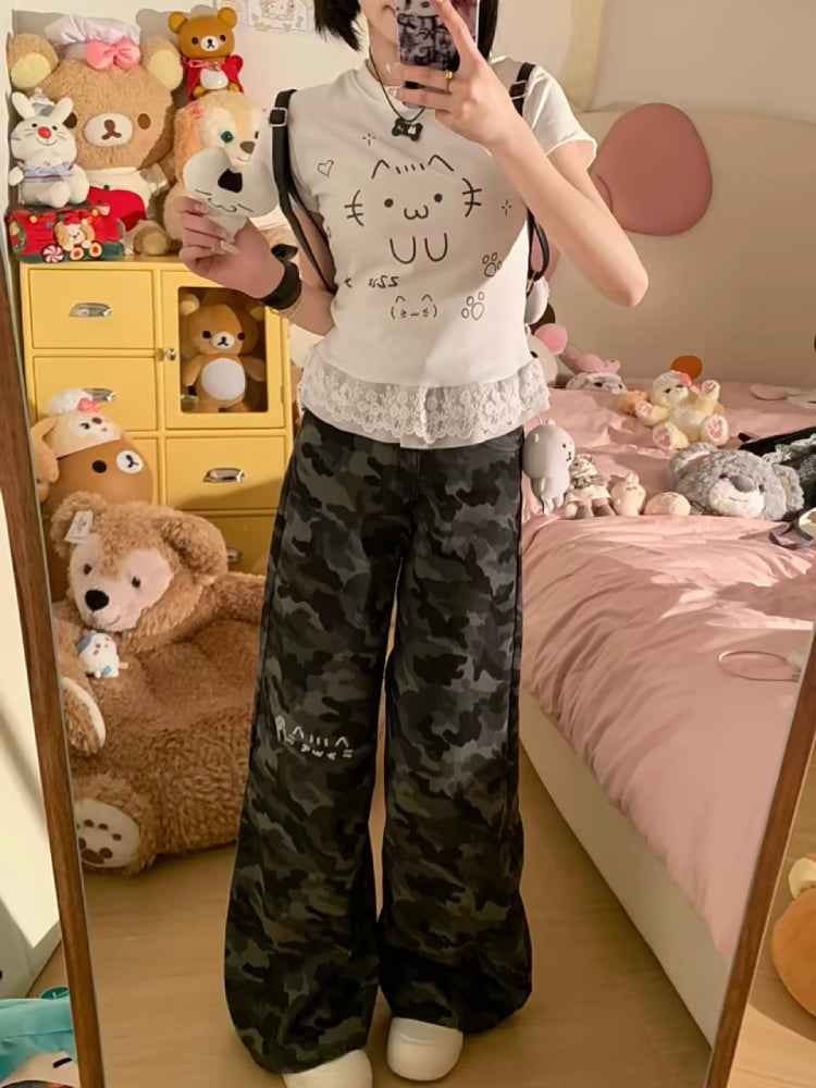 Emoji Cat Camouflage Wide Leg Jeans-ntbhshop