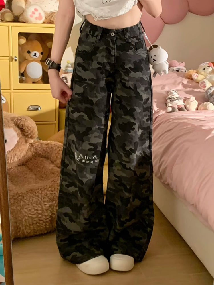 Emoji Cat Camouflage Wide Leg Jeans-ntbhshop