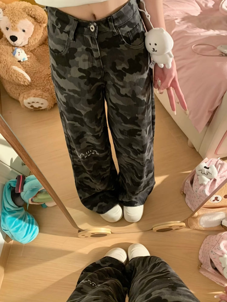 Emoji Cat Camouflage Wide Leg Jeans-ntbhshop