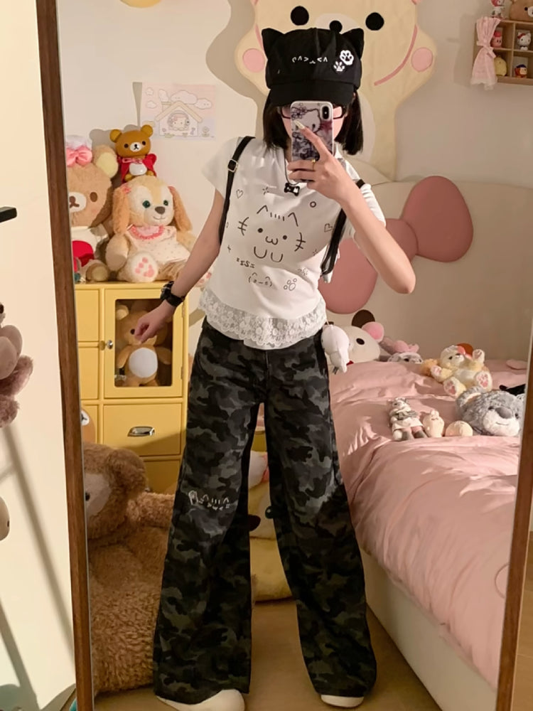 Emoji Cat Camouflage Wide Leg Jeans-ntbhshop