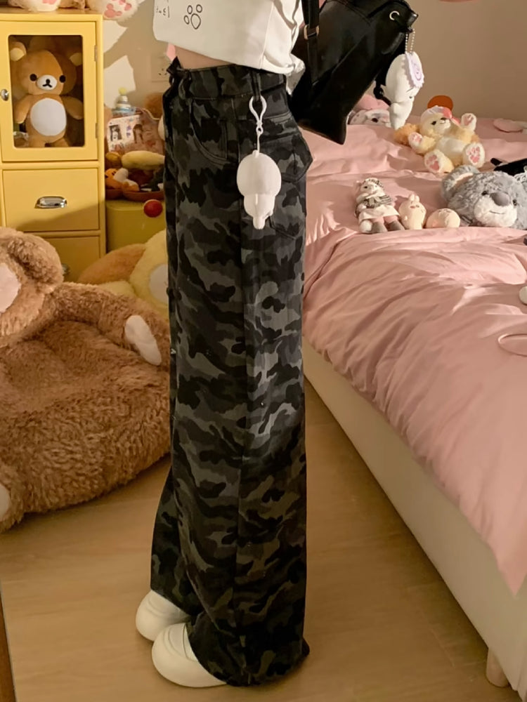 Emoji Cat Camouflage Wide Leg Jeans-ntbhshop