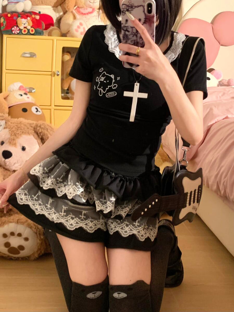 Angel & Devil Cat Lace Bow Tees-ntbhshop