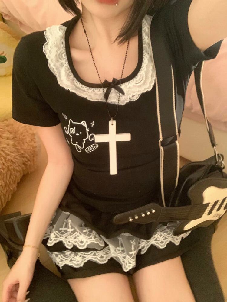 Angel & Devil Cat Lace Bow Tees-ntbhshop