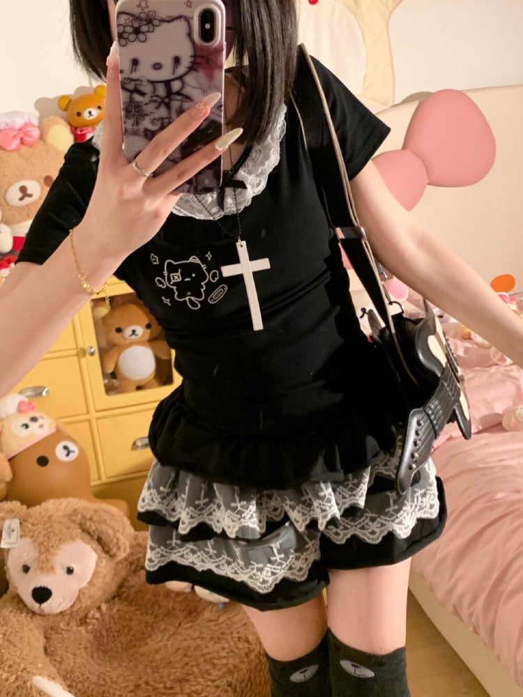 Angel & Devil Cat Lace Bow Tees-ntbhshop