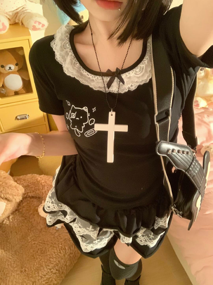 Angel & Devil Cat Lace Bow Tees-ntbhshop