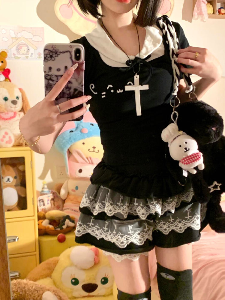 Emoji Cat Harajuku Doll Collar Tee-ntbhshop