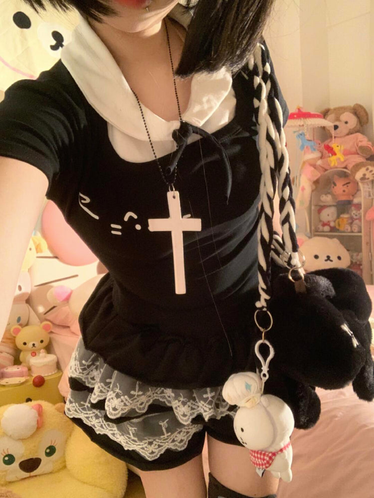 Emoji Cat Harajuku Doll Collar Tee-ntbhshop