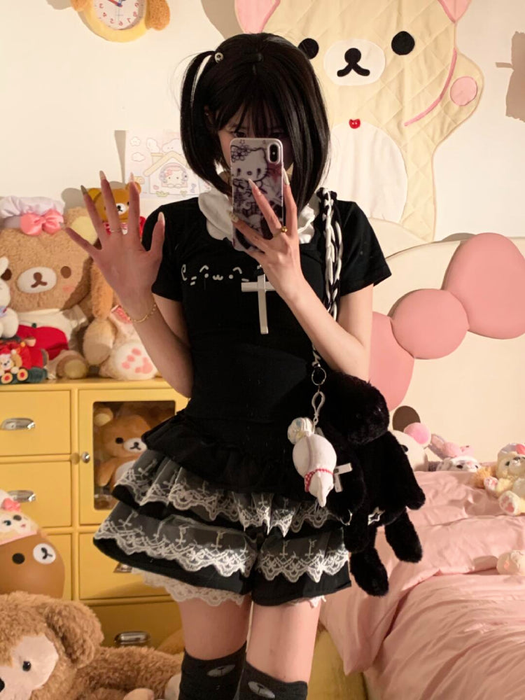 Emoji Cat Harajuku Doll Collar Tee-ntbhshop
