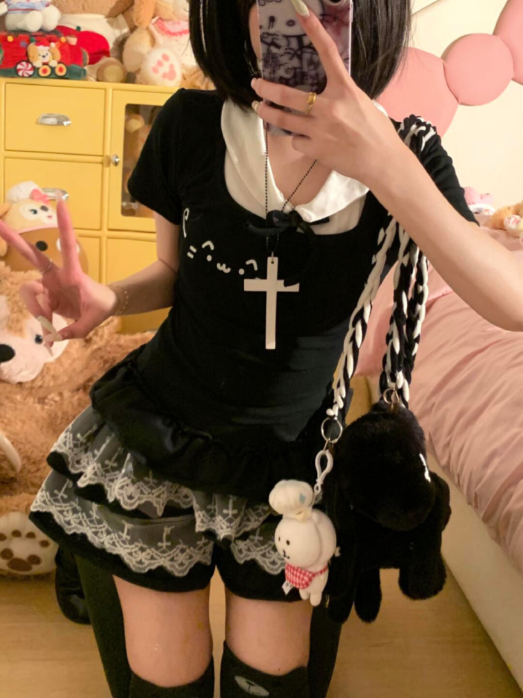 Emoji Cat Harajuku Doll Collar Tee-ntbhshop