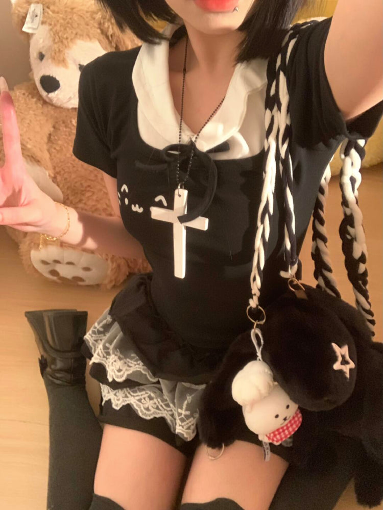 Emoji Cat Harajuku Doll Collar Tee-ntbhshop