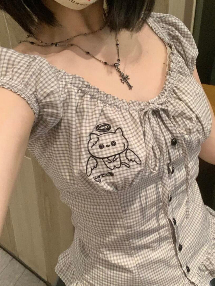 Angel Cat Plaid Slim Fit Blouse-ntbhshop