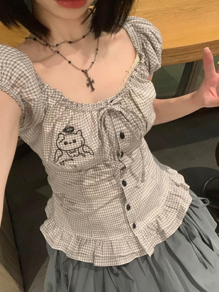 Angel Cat Plaid Slim Fit Blouse-ntbhshop