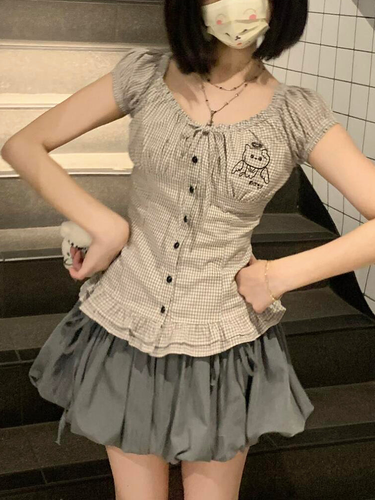 Angel Cat Plaid Slim Fit Blouse-ntbhshop