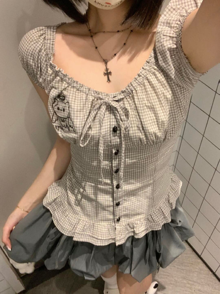 Angel Cat Plaid Slim Fit Blouse-ntbhshop