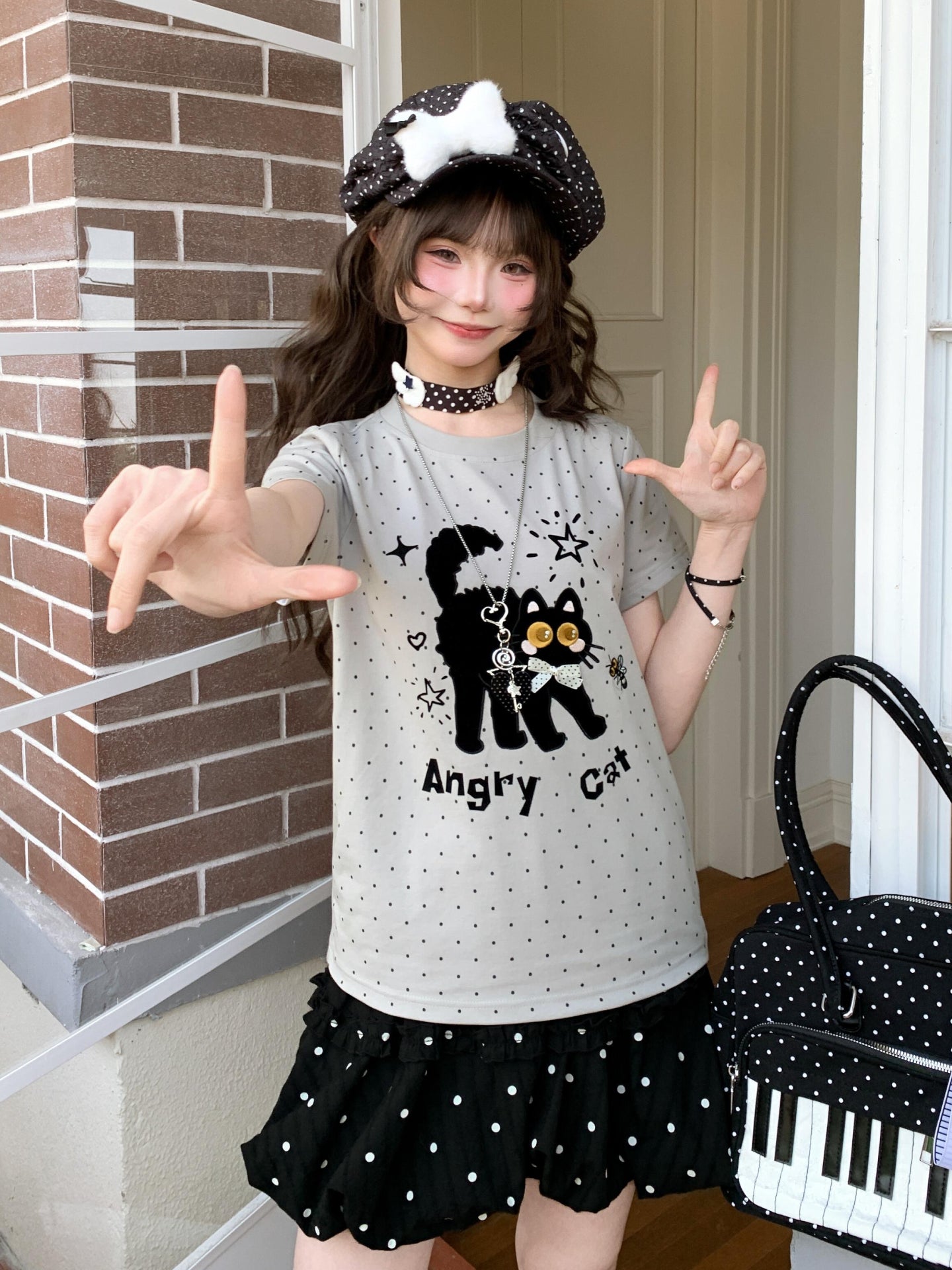 Angry Cat Polka Tee-Tops-ntbhshop