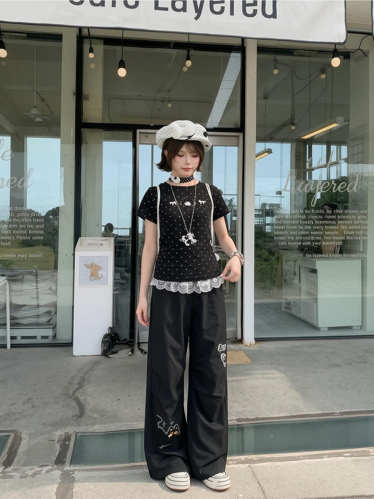 Milk Cat Polka Tees-Tops-ntbhshop