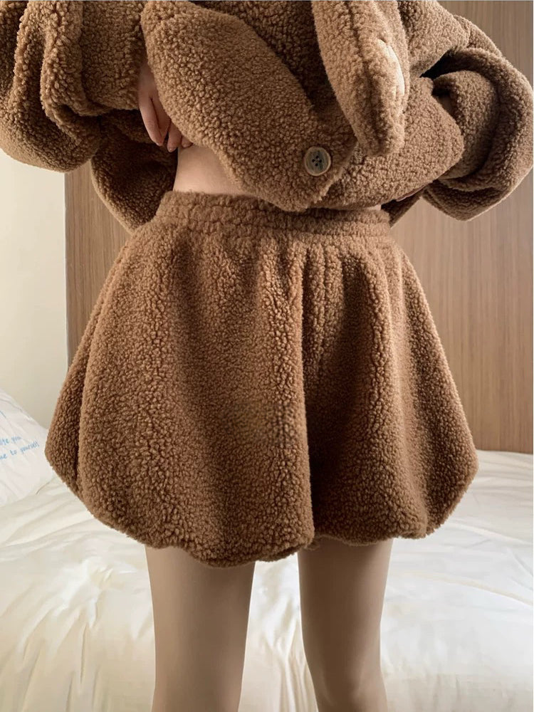 Chocolate Bear Fleece Jacket & Bubble Shorts-Sets-ntbhshop