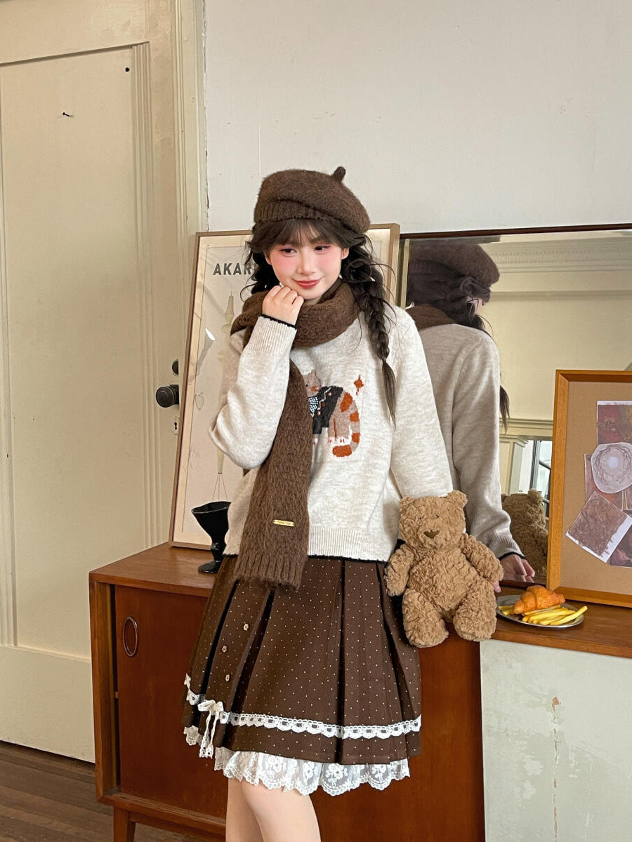 Cocoa Dot Lace Pleat Skirt