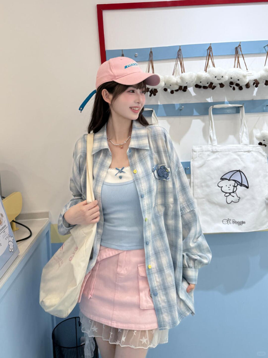 Blueberry Plaid Shirt Jacket-Tops-ntbhshop