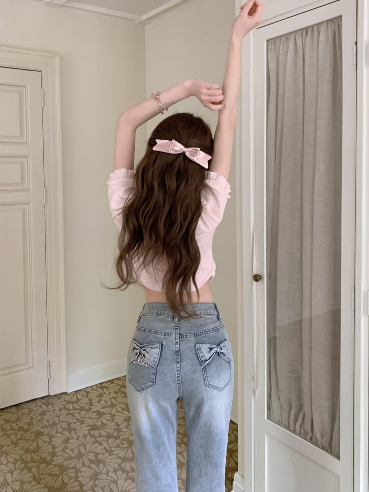 Bow Pocket Flare Jeans-Bottoms-ntbhshop