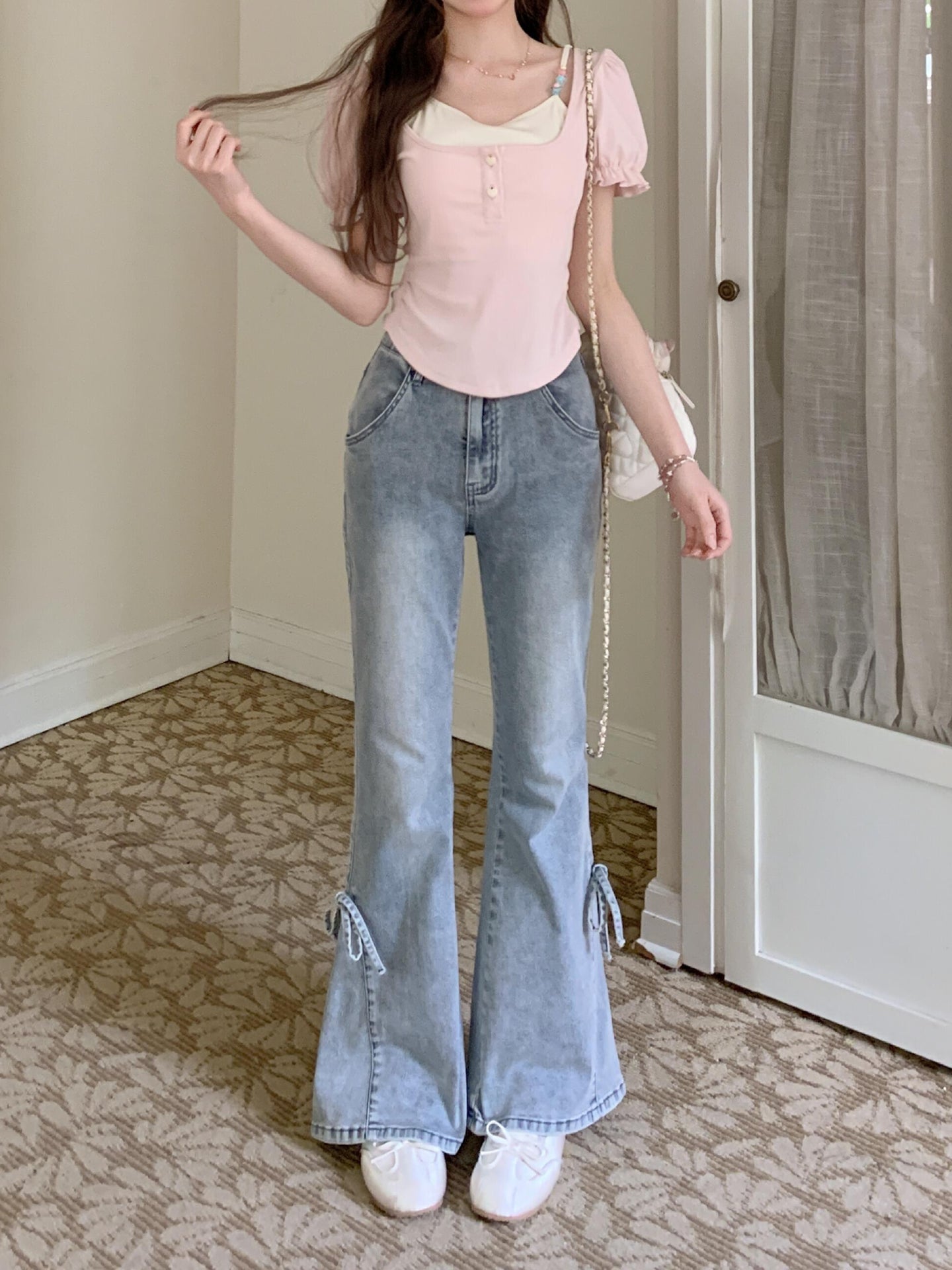 Bow Pocket Flare Jeans-Bottoms-ntbhshop