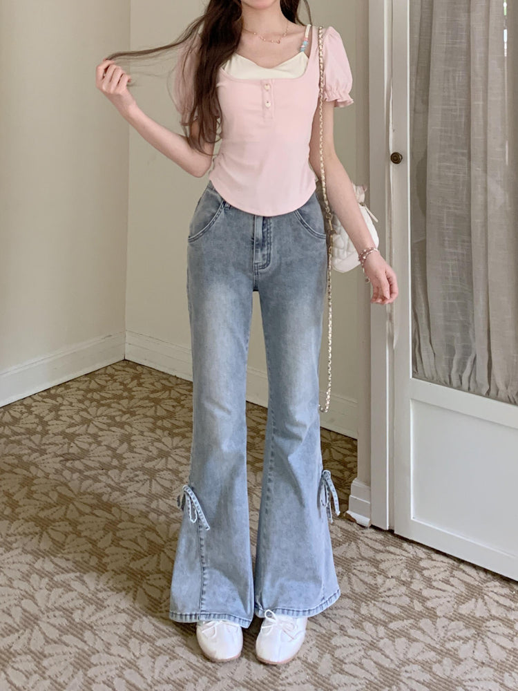Bow Pocket Flare Jeans-Bottoms-ntbhshop