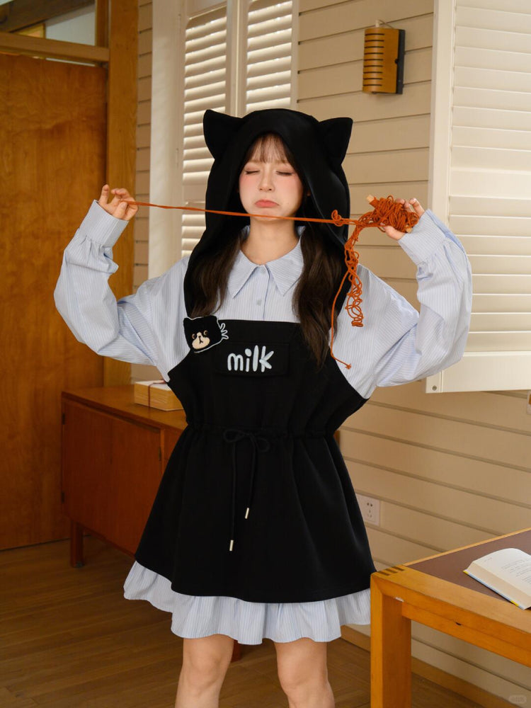 Milk Cat Hooded Shirt Dress-Dresses-ntbhshop