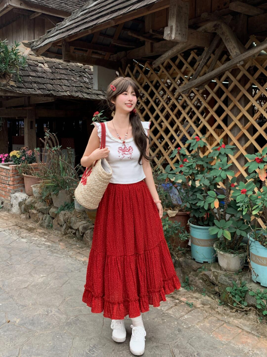 Cherry Ribbon Lace Tank Tops-Tops-ntbhshop