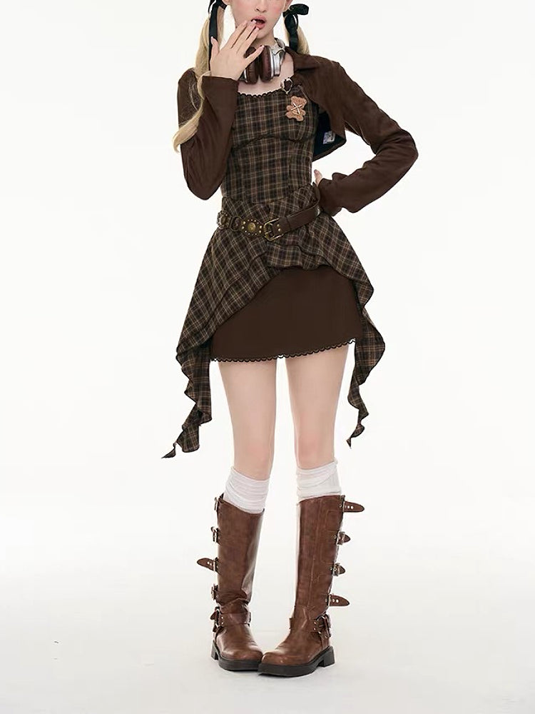 Cappuccino Crop Jacket & Plaid Dress-ntbhshop