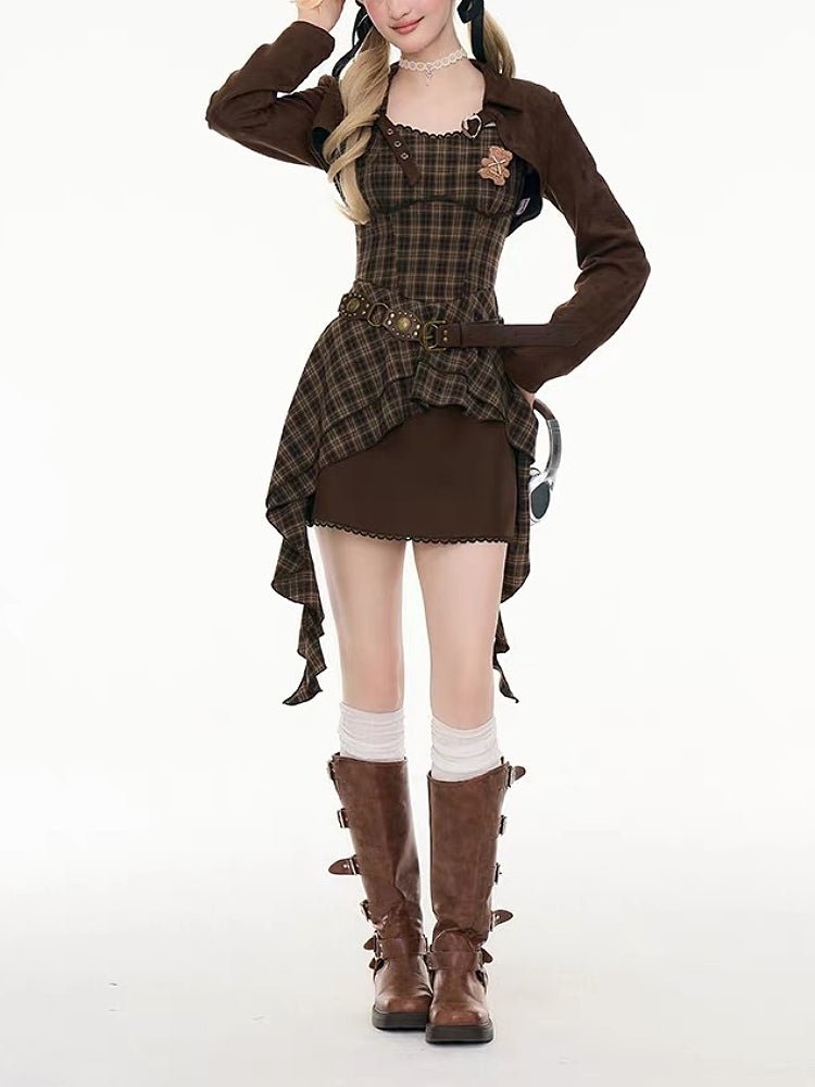 Cappuccino Crop Jacket & Plaid Dress-ntbhshop