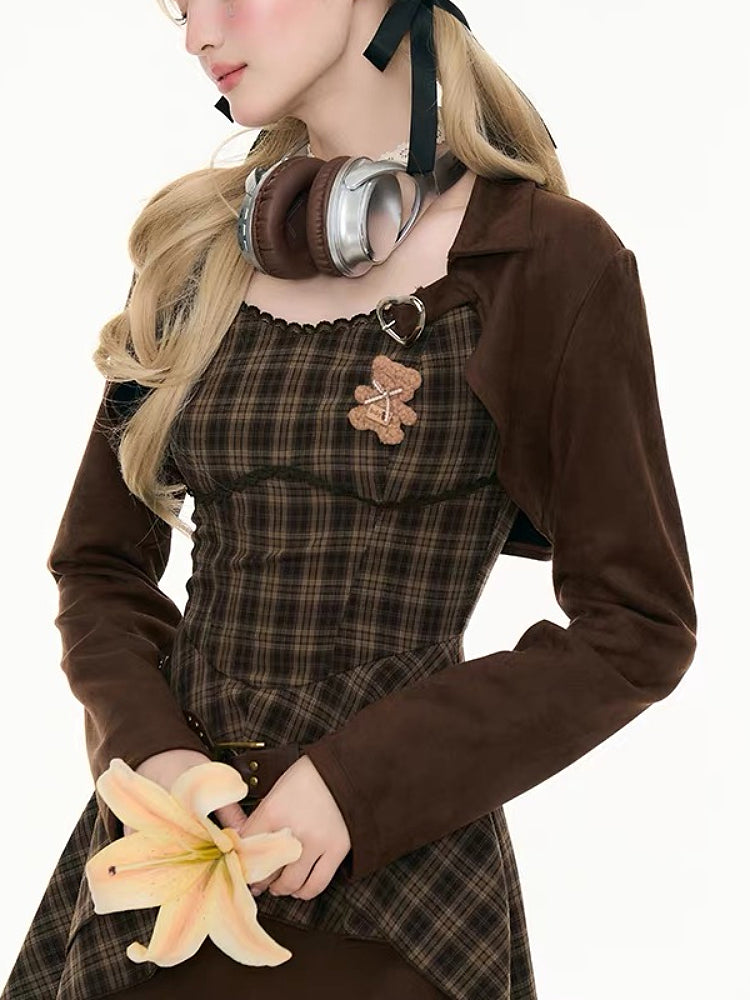 Cappuccino Crop Jacket & Plaid Dress-ntbhshop