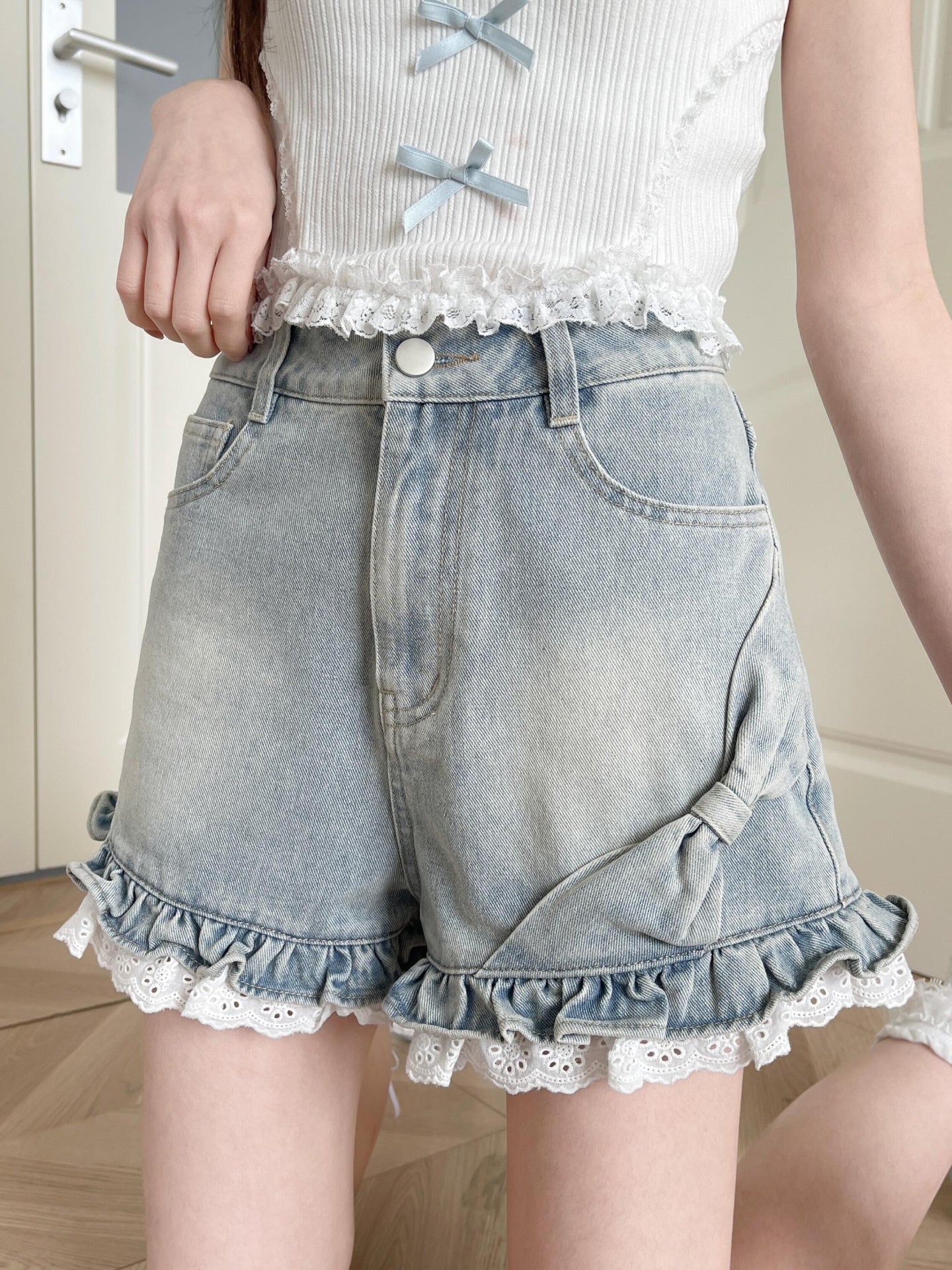 Cloud Ribbon Denim Shorts-Bottoms-ntbhshop