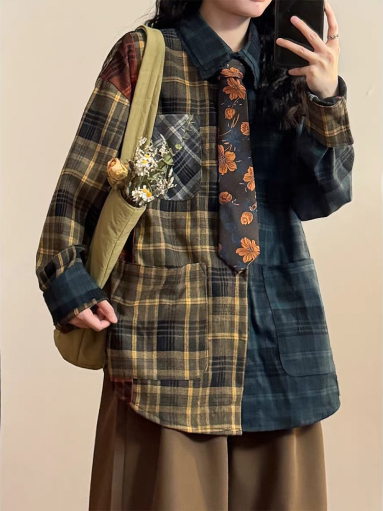 Retro Patchwork Unisex Plaid Shirt-ntbhshop