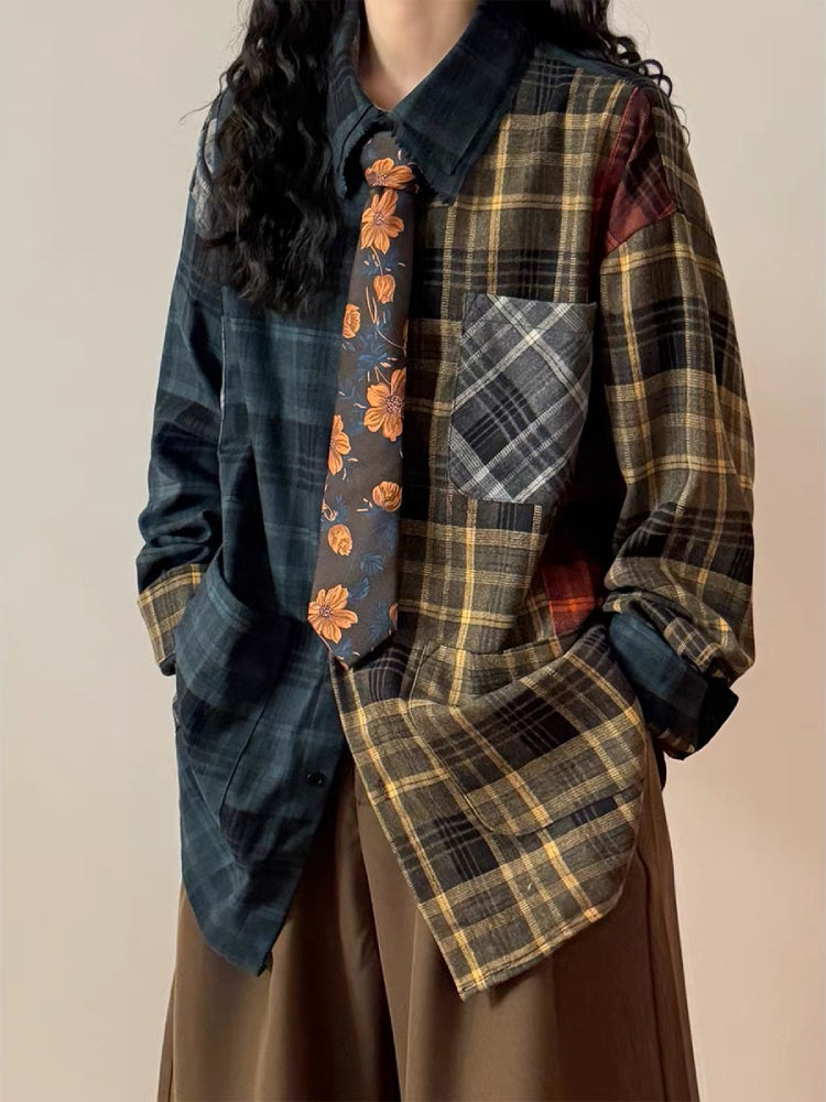 Retro Patchwork Unisex Plaid Shirt-ntbhshop