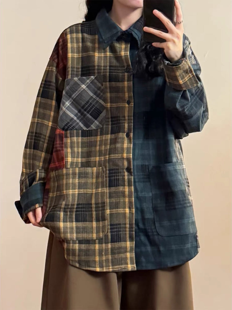 Retro Patchwork Unisex Plaid Shirt-ntbhshop