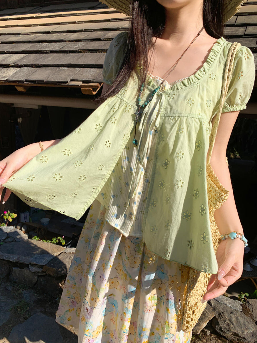 Floral Meadow Cotton Spliced Blouses-Tops-ntbhshop