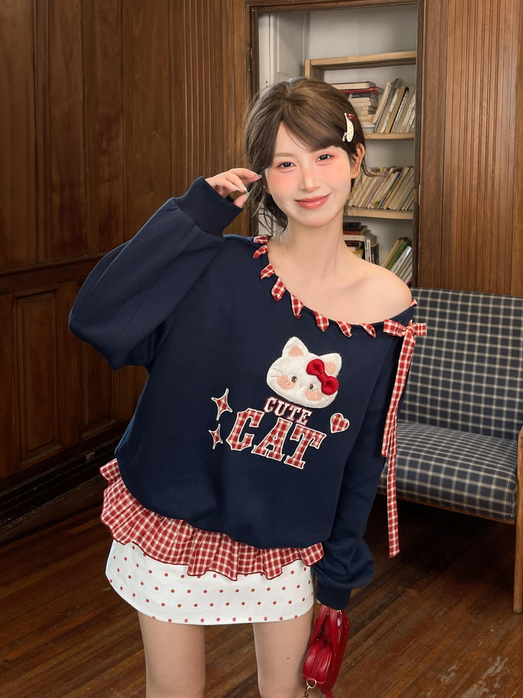 Kitty Crush Off-Shoulder Sweatshirt-Tops-ntbhshop