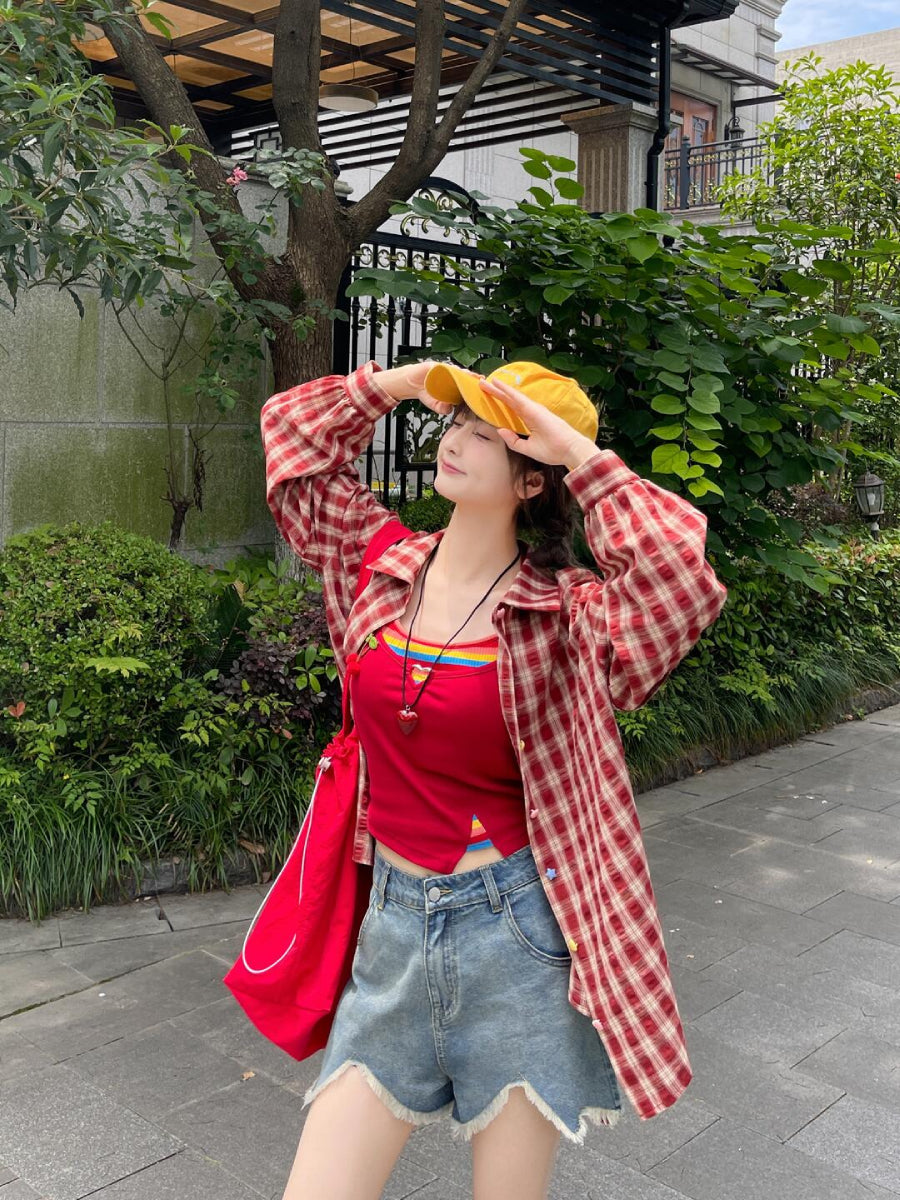 Dopamine Fruit Plaid Shirt Jackets-Tops-ntbhshop
