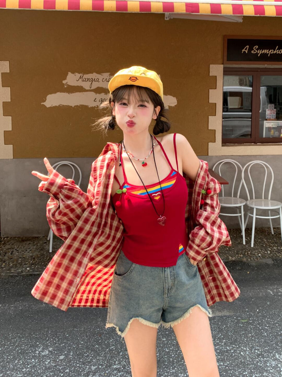 Dopamine Fruit Plaid Shirt Jackets-Tops-ntbhshop