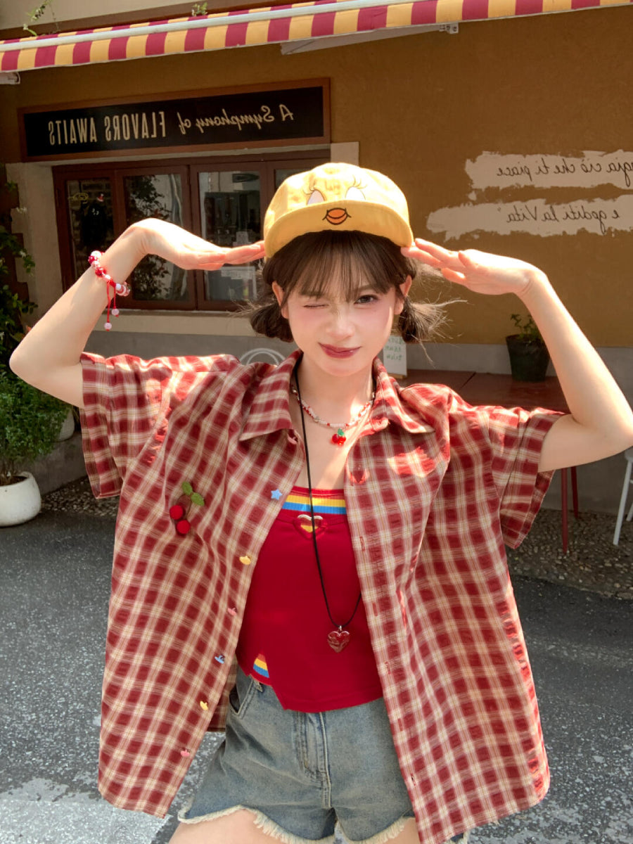 Dopamine Fruit Plaid Shirt Jackets-Tops-ntbhshop