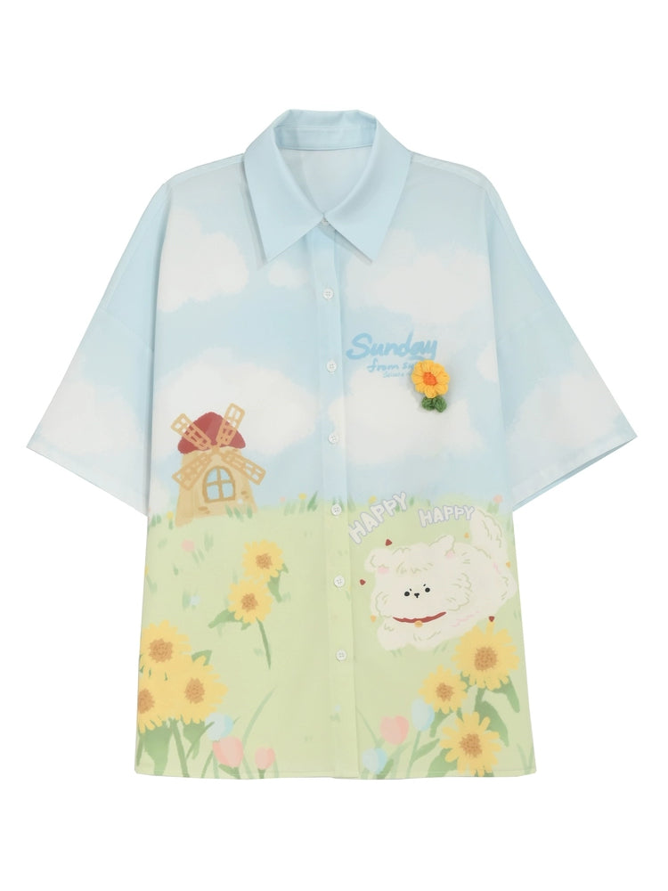 Happy Puppy Printed Short Sleeve Shirt-ntbhshop