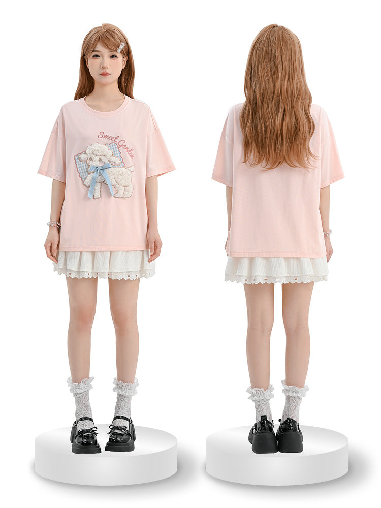 Lamb Love Cute Patch Short Sleeve Tee & Off Shoulder Top-ntbhshop