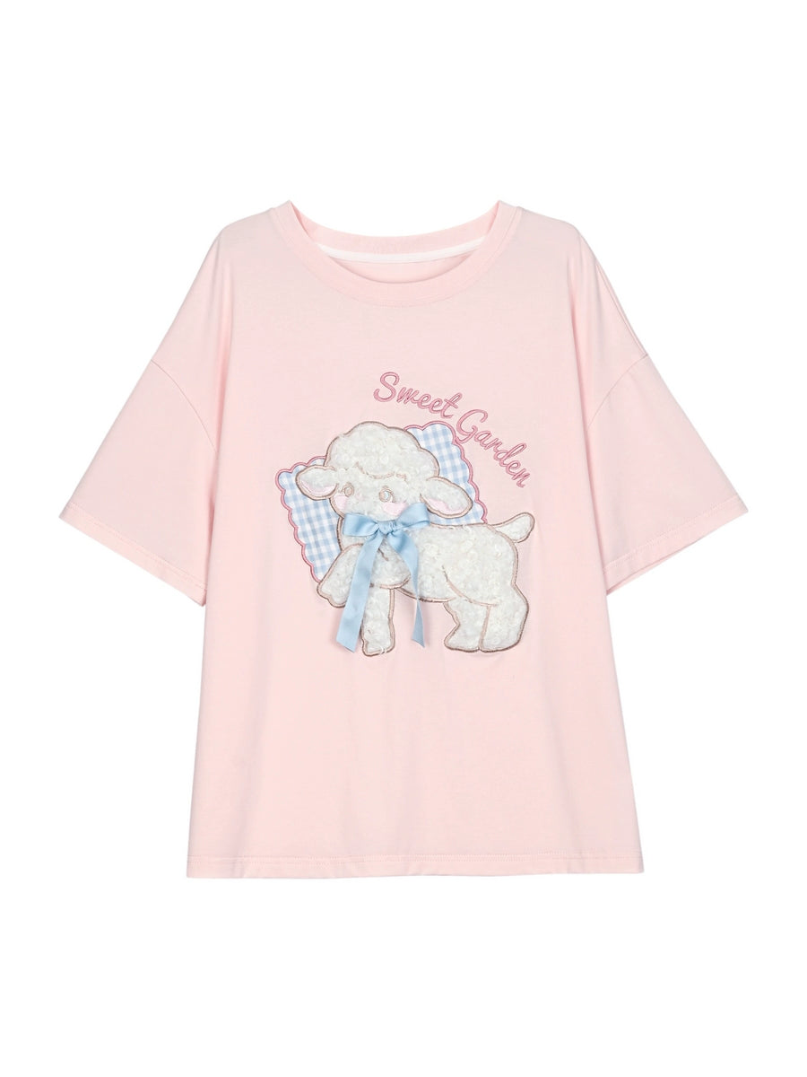 Lamb Love Cute Patch Short Sleeve Tee & Off Shoulder Top-ntbhshop