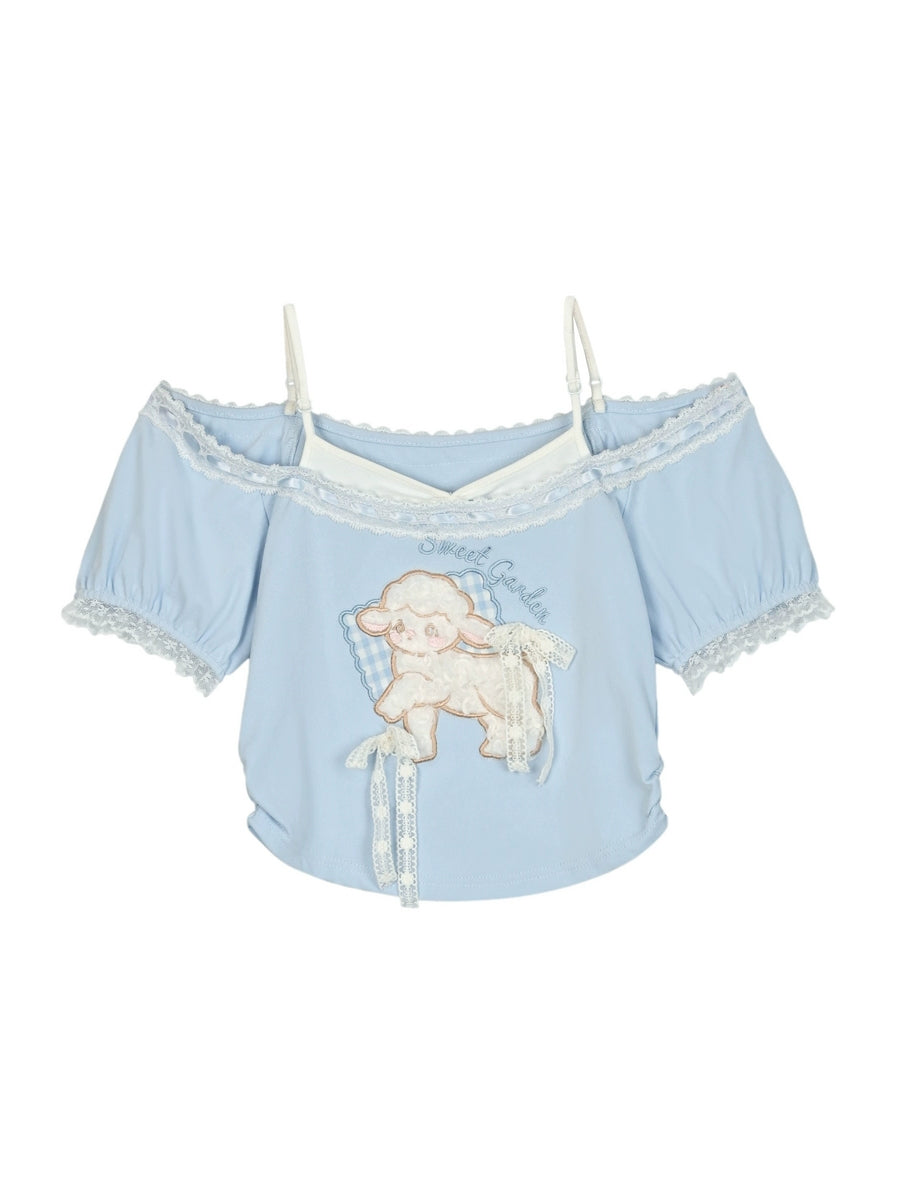 Lamb Love Cute Patch Short Sleeve Tee & Off Shoulder Top-ntbhshop