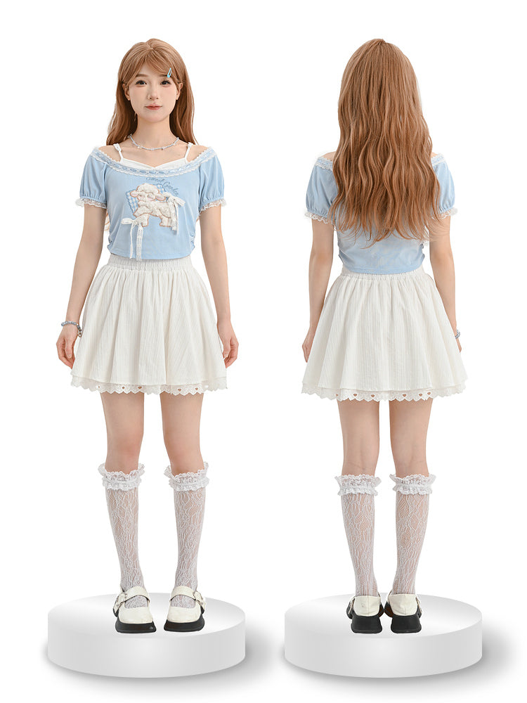Lamb Love Cute Patch Short Sleeve Tee & Off Shoulder Top-ntbhshop