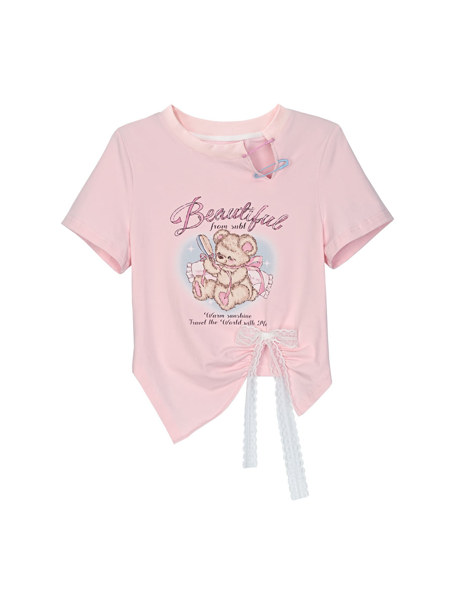 Sweet Girl Bear Print Cutout Crop Tops-ntbhshop